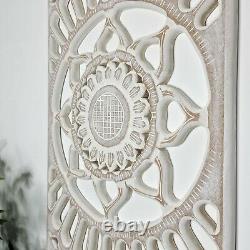 Carved Wooden Mandala Wall Art Lotus Bed Headboard Panel Distressed White