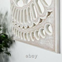 Carved Wooden Mandala Wall Art Lotus Bed Headboard Panel Distressed White