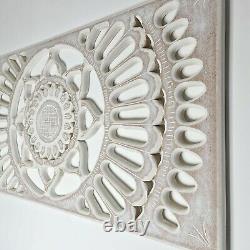 Carved Wooden Mandala Wall Art Lotus Bed Headboard Panel Distressed White