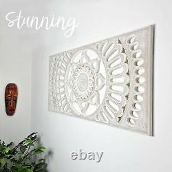 Carved Wooden Mandala Wall Art Lotus Bed Headboard Panel Distressed White