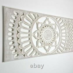 Carved Wooden Mandala Wall Art Lotus Bed Headboard Panel Distressed White