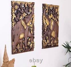 Carved wood panels Elephant carved wood panel wooden wall panels home decoration