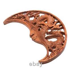 Carving Wooden Moon Dragon Hand Carved Wood Relief Wall Panel, Crescent Dragon
