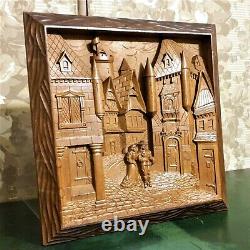 Castle medieval scene wood carving panel antique french architectural salvage