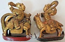 Certified Antique Carved Gilt Wooden Panel Chinese Warriors & Horses Circa 1850