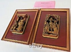 Certified Antique Pair of Carved Gilt Wooden Panel Chinese Figures Circa 1850