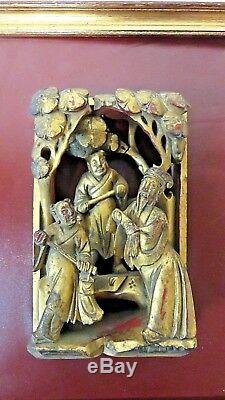 Certified Antique Pair of Carved Gilt Wooden Panel Chinese Figures Circa 1850