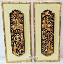 Certified Antique Pair of Carved Gilt Wooden Panel Chinese Figures Qing Dynasty