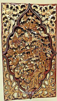 Certified Chinese Antique Carved Gilt Temple Wood Plaque Flower & Bird Qing Dyna