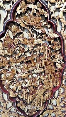 Certified Chinese Antique Carved Gilt Temple Wood Plaque Flower & Bird Qing Dyna