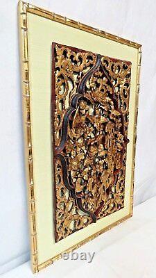 Certified Chinese Antique Carved Gilt Temple Wood Plaque Flower & Bird Qing Dyna