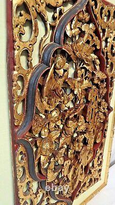 Certified Chinese Antique Carved Gilt Temple Wood Plaque Flower & Bird Qing Dyna