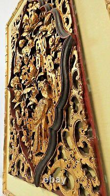 Certified Chinese Antique Carved Gilt Temple Wood Plaque Flower & Bird Qing Dyna