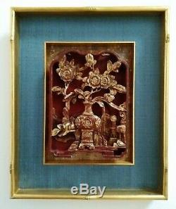 China 19. Jh. Rotlack vergoldet carved gild wood relief panel Schnitzrelief