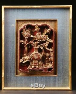 China 19. Jh. Rotlack vergoldet carved gild wood relief panel Schnitzrelief
