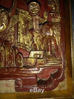 China 19. Jh. Rotlack vergoldet carved gilded wood relief panel Schnitzrelief