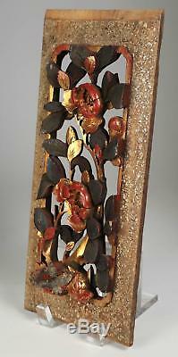China Chinese Gilded Lacquer Polychrome Carved Floral Wood Panel Qing ca. 1900
