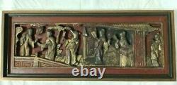 Chinese Antique Carved Wood Carving Panel w Real Gold Gilt Temple Scene Framed