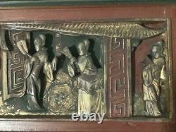 Chinese Antique Carved Wood Carving Panel w Real Gold Gilt Temple Scene Framed