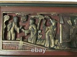 Chinese Antique Carved Wood Carving Panel w Real Gold Gilt Temple Scene Framed