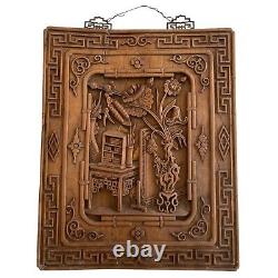Chinese Antique Carved Wood Panel Scholar's Objects Vase Desk 22x18 in