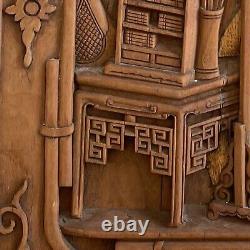 Chinese Antique Carved Wood Panel Scholar's Objects Vase Desk 22x18 in