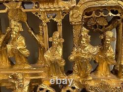 Chinese Carved Deep Relief Gilt Wood Warriors Religious Scenes Panel