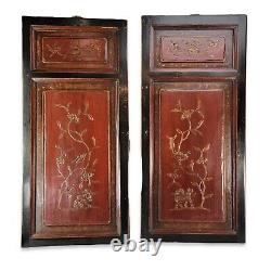 Chinese Carved Door Panels Red Lacquer Wood Wall Panel Art