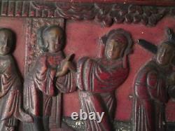 Chinese Carved Figure Scene Wax Seal Wood Lacquer Panel mother of pearl inlay