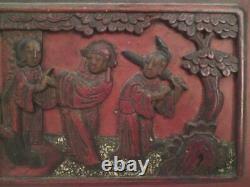 Chinese Carved Figure Scene Wax Seal Wood Lacquer Panel mother of pearl inlay