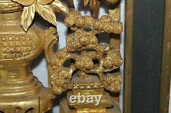 Chinese Carved Gold Gilt Wood Wall Panel Temple Vase
