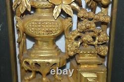 Chinese Carved Gold Gilt Wood Wall Panel Temple Vase