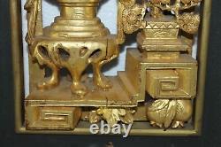 Chinese Carved Gold Gilt Wood Wall Panel Temple Vase