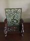Chinese Carved Spinach Green Jade Panel Table Screen Wood Stand Flowers & Birds