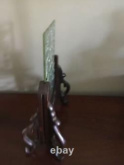Chinese Carved Spinach Green Jade Panel Table Screen wood stand Flowers & birds
