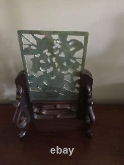Chinese Carved Spinach Green Jade Panel Table Screen wood stand Flowers & birds