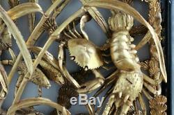 Chinese Carved Wood Gold Gilt Wall Panel Sea Creatures Crab Lobster Fish & Birds