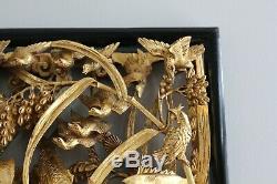 Chinese Carved Wood Gold Gilt Wall Panel Sea Creatures Crab Lobster Fish & Birds