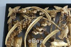 Chinese Carved Wood Gold Gilt Wall Panel Sea Creatures Crab Lobster Fish & Birds