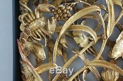 Chinese Carved Wood Gold Gilt Wall Panel Sea Creatures Crab Lobster Fish & Birds