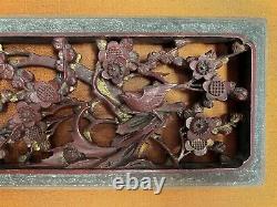 Chinese Carved Wood Panel, birds perched on prunus