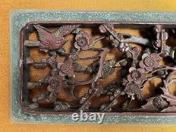 Chinese Carved Wood Panel, birds perched on prunus