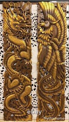 Chinese Carved Wood Wall Art Panel Dragon Phoenix Teak Carving Hanging Headboard