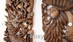 Chinese Carved Wood Wall Art Panel Dragon Phoenix Teak Carving Hanging Headboard