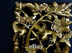 Chinese Carved Wooden Cabinet Panel Gilt Golden Antique Birds Peony Blossoms