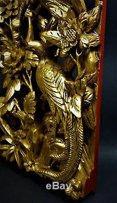 Chinese Carved Wooden Cabinet Panel Gilt Golden Antique Birds Peony Blossoms