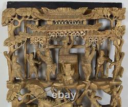 Chinese Deep Carved 3D Gilt Wood Panel Court and Horseback Riders Antique