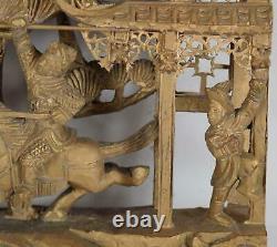 Chinese Deep Carved 3D Gilt Wood Panel Court and Horseback Riders Antique