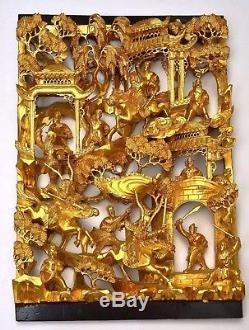 Chinese Gilt Lacquer Deep Carved Carving Wood Panel Warrior Figure Figurine