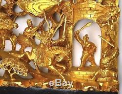 Chinese Gilt Lacquer Deep Carved Carving Wood Panel Warrior Figure Figurine